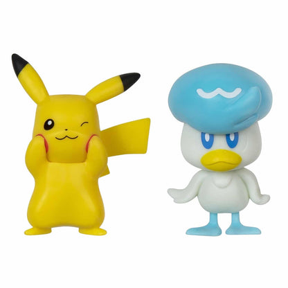 Conjunto de Batalha Pokémon: figuras de Pikachu a piscar o olho e de Quaxly lado a lado