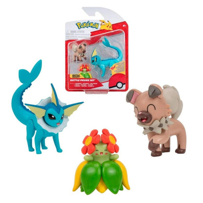 Figuras Batalha Pokémon: Vaporeon, Bellossom e Rockruff ao lado da embalagem