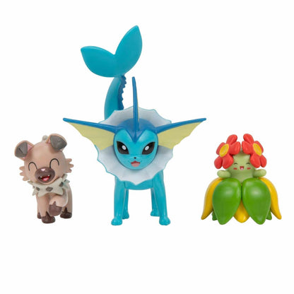 Figuras Batalha Pokémon: Rockruff, Vaporeon e Bellossom fora da embalagem