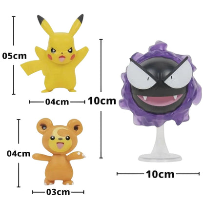 Pokémon Figuras de Batalha Teddiursa, Pikachu e Gastly com medidas