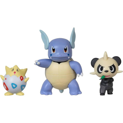 Figuras Pokémon Togepi, Wartortle e Pancham lado a lado