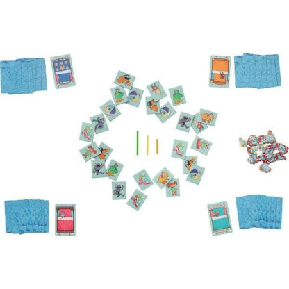 Jogo Brinquedos Arrumados preparado para jogar, com cartas em círculo e baralhos