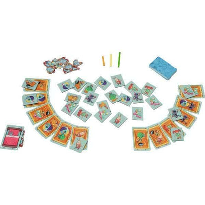 Cartas do Jogo Brinquedos Arrumados dispostas sobre a mesa, com peões