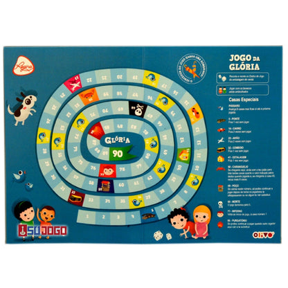 Tabuleiro do Jogo da Glória com percurso em espiral e casas ilustradas