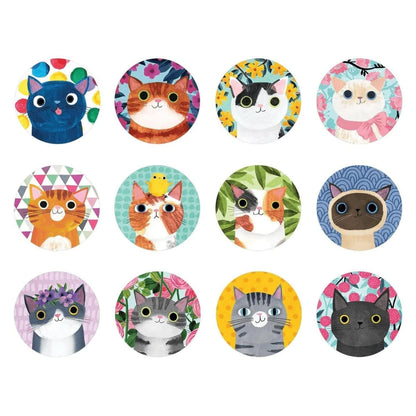 Peças redondas do Jogo de Memória com ilustrações de gatos