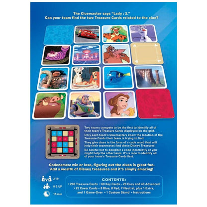 Verso da caixa do Codenames Disney com exemplo de jogo e lista de conteúdos em inglês