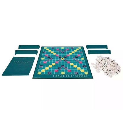 Conteúdo do Jogo Scrabble Original: tabuleiro, quatro suportes, saco e peças de letras