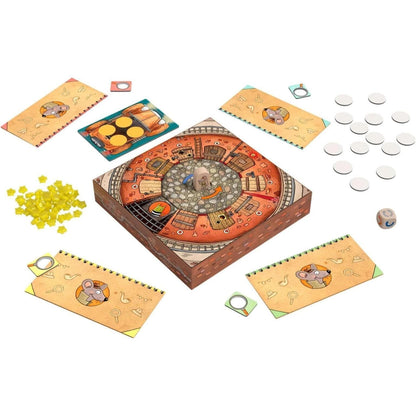Tabuleiro do Jogo Inspector Mouse com cartas, fichas e queijos