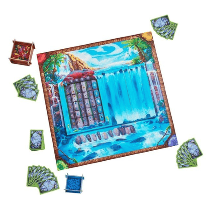 Tabuleiro do Jogo Iquazú com cascata, cartas e fichas