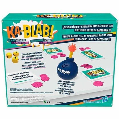 Parte de trás da caixa do Jogo Ka-Blab! com componentes e regras