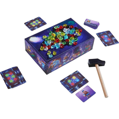 Jogo Mina de Tesouros com caixa de pedras preciosas, martelo e cartas