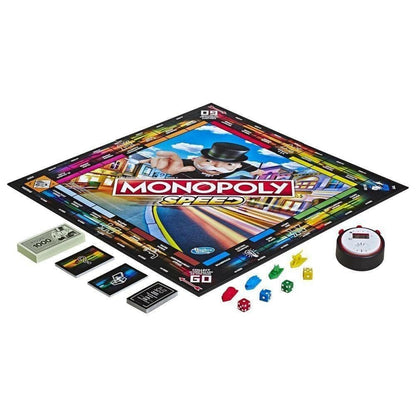 Tabuleiro do Monopoly Speed com cartas, notas, peões e cronómetro