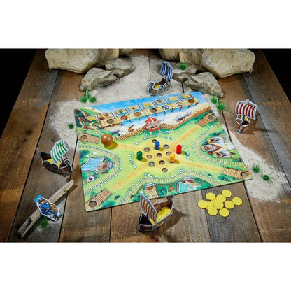 Jogo O Vale dos Vikings montado numa mesa de madeira