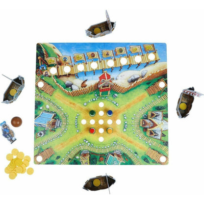 Jogo O Vale dos Vikings: tabuleiro, barcos, moedas e bola