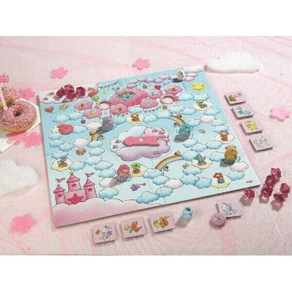 Tabuleiro do Jogo Unicórnio Brilhante com caminho de nuvens, peças e cristais rosa