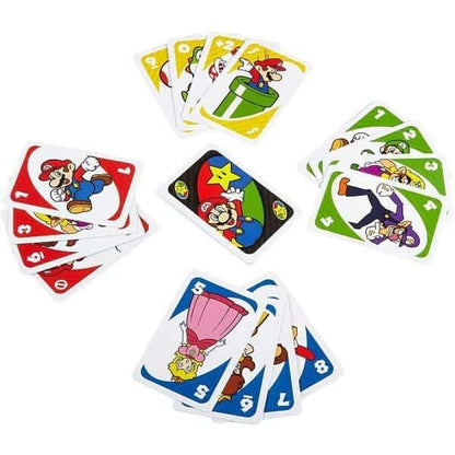 Cartas Uno Super Mario em leques com personagens do Mario