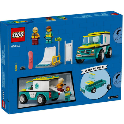 Lego City Ambulância de Emergência e Snowboarder: verso da caixa com peças e funções