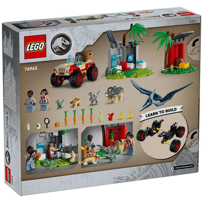 Parte de trás da caixa LEGO Jurassic World Centro de Resgate de Dinossauros Bebés