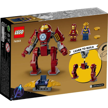 Parte de trás da caixa LEGO Marvel Hulkbuster contra Thanos