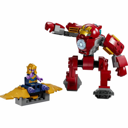 LEGO Marvel Hulkbuster vermelha montada com Thanos na nave amarela