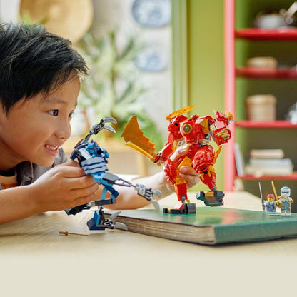 Rapaz a brincar com o LEGO Ninjago Robô do Fogo Elemental do Kai