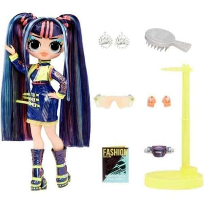 Boneca LOL OMG Victory de cabelo azul com acessórios e suporte