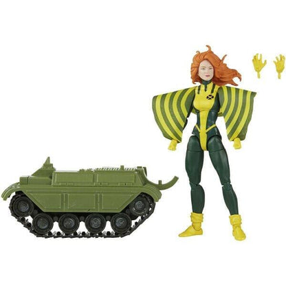 Figura Marvel Legends Siryn com asas amarelas, mãos extra e peça de veículo verde