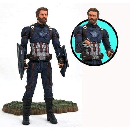 Figura Marvel Select Capitão América com uniforme azul escuro sobre base
