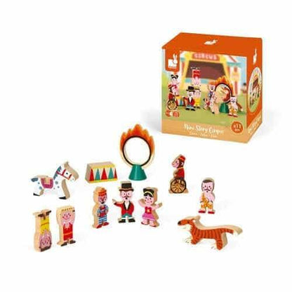 Mini story Circo: figuras de madeira ao lado da caixa do conjunto