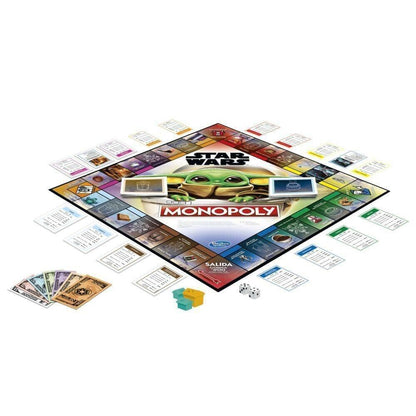 Tabuleiro do Monopoly Star Wars The Child montado com cartas e notas