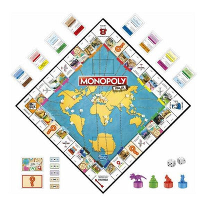 Tabuleiro do Monopoly Viaja Pelo Mundo com mapa-múndi e peças
