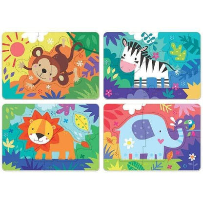 Quatro puzzles com macaco, zebra, leão e elefante