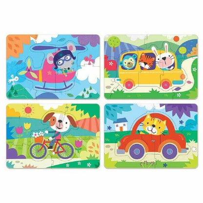 Quatro puzzles My First Puzzle Veículos com animais em helicóptero, carro e bicicleta
