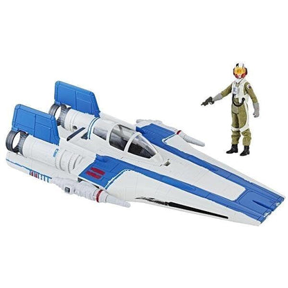 Nave A-Wing azul e branca da Resistência com figura de piloto de fato laranja