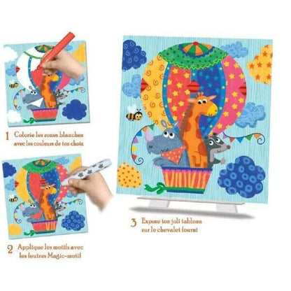 Passos das Pinturas Mágicas Exploracolo: colorir, aplicar motivos e expor o quadro no cavalete