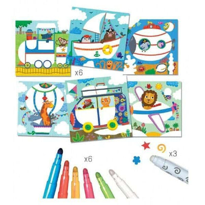 Conteúdo das Pinturas Mágicas Exploracolo: seis quadros para colorir e marcadores