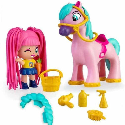PinyPon Pónei Cabelos ao Vento com boneca, pónei rosa, balde, escova e acessórios