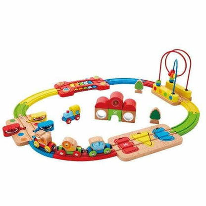 Pista de comboios Arco-íris montada com comboio, xilofone e ábaco de contas