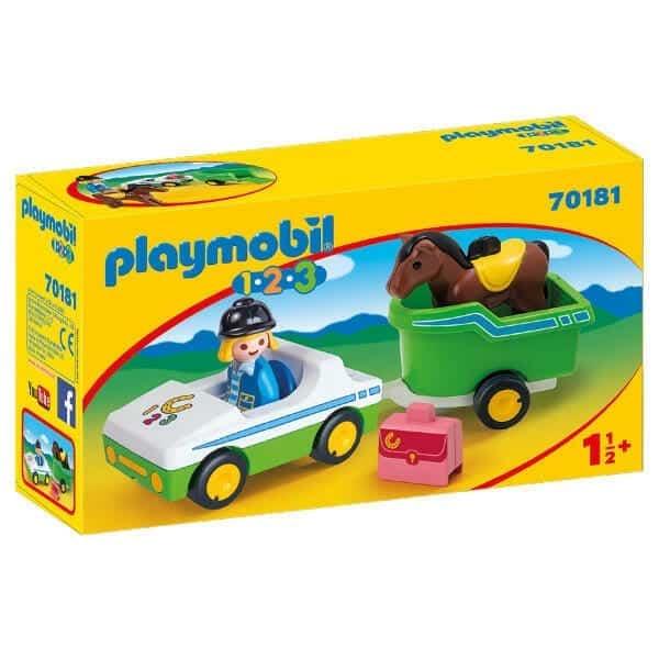 Apresentamos Playmobil 1.2.3 Carro com Reboque para Cavalo com o SKU 657018121 recomendado para + 12 meses