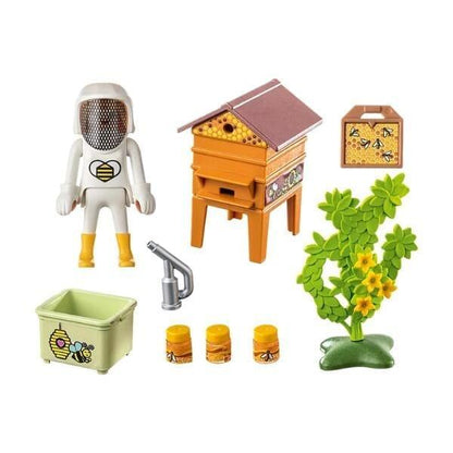 Peças do Playmobil 71253: apicultora, colmeia, caixa, frascos e flores