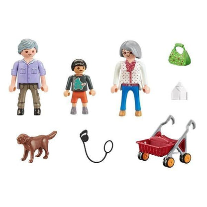Peças do Playmobil 70990: avós, neto, cão, trela e carrinho de compras