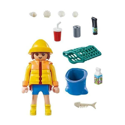 Peças do Playmobil 71163: ecologista de capa amarela, balde, rede e lixo