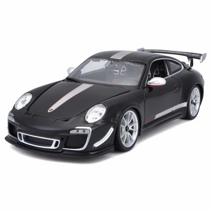 Porsche 911 GT3 RS 4.0 preto com riscas brancas, vista dianteira