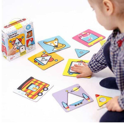 Primeiras Formas Quadrados e Triângulos: criança a montar os puzzles no chão