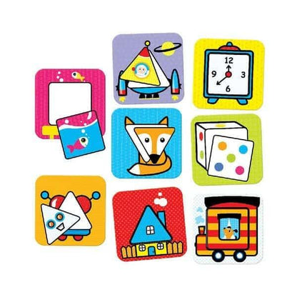 Primeiras Formas Quadrados e Triângulos: puzzles montados com relógio, raposa, dado e comboio