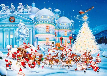 Imagem do Puzzle Toy Factory: Pai Natal, renas e duendes junto a um palácio nevado