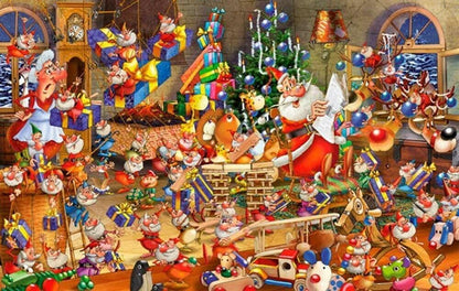 Puzzle 1000 peças Caos no Natal: imagem completa do puzzle com Pai Natal e muitas personagens