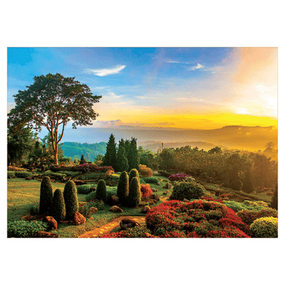 Imagem completa do Puzzle Jardim Maravilhoso: arbustos, flores e colinas ao entardecer