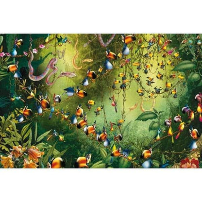 Imagem do Puzzle Tucanos na Selva com tucanos e macacos na vegetação