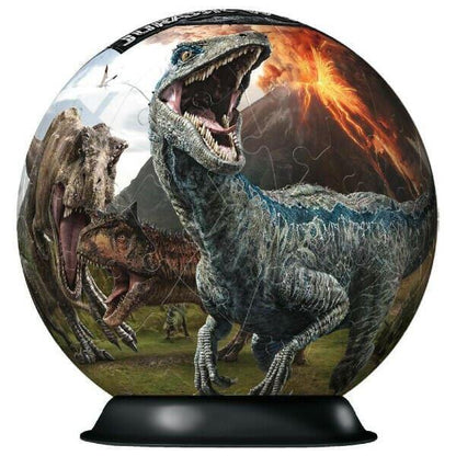 Puzzle 3D Jurassic World montado em esfera com velociraptor e base preta